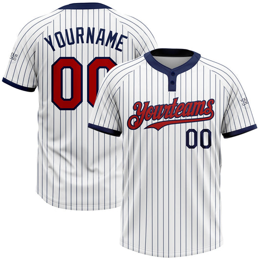 Custom White Navy Pinstripe Red Two-Button Unisex Softball Jersey - Main View