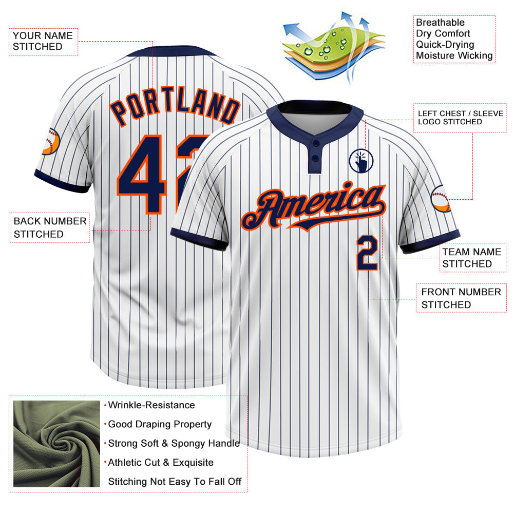 Custom White Navy Pinstripe Orange Two-Button Unisex Softball Jersey view 3