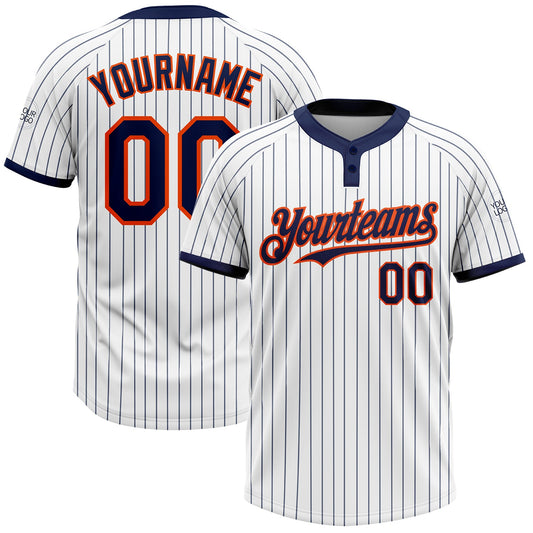 Custom White Navy Pinstripe Orange Two-Button Unisex Softball Jersey - Main View