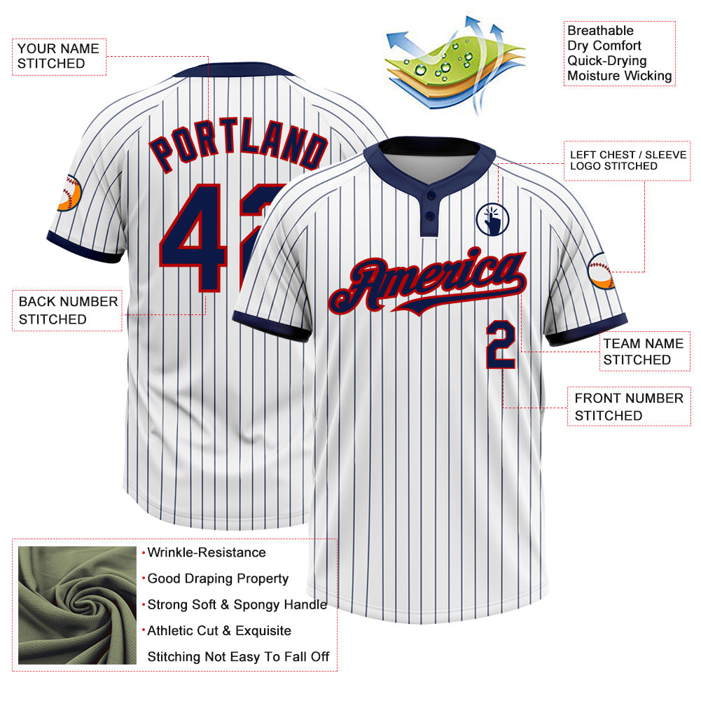 Custom White Navy Pinstripe Red Two-Button Unisex Softball Jersey view 3