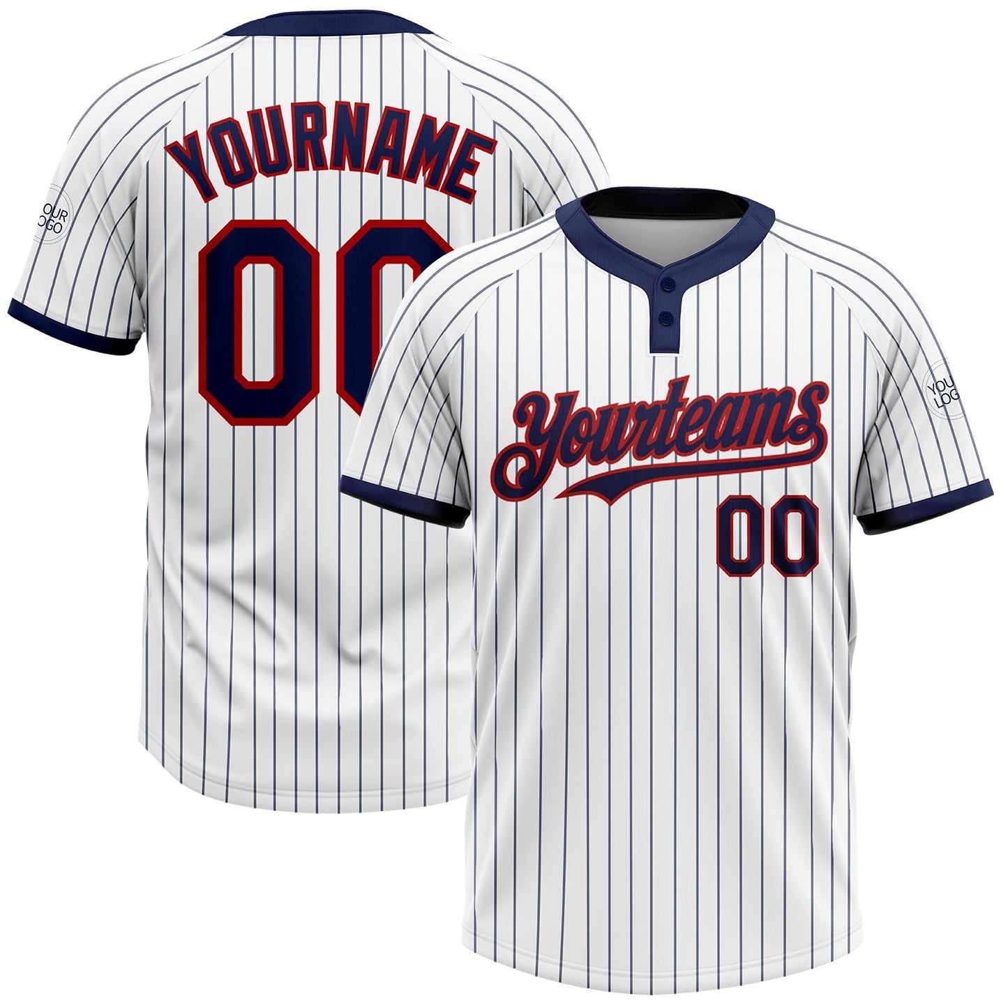 Custom White Navy Pinstripe Red Two-Button Unisex Softball Jersey - Main View