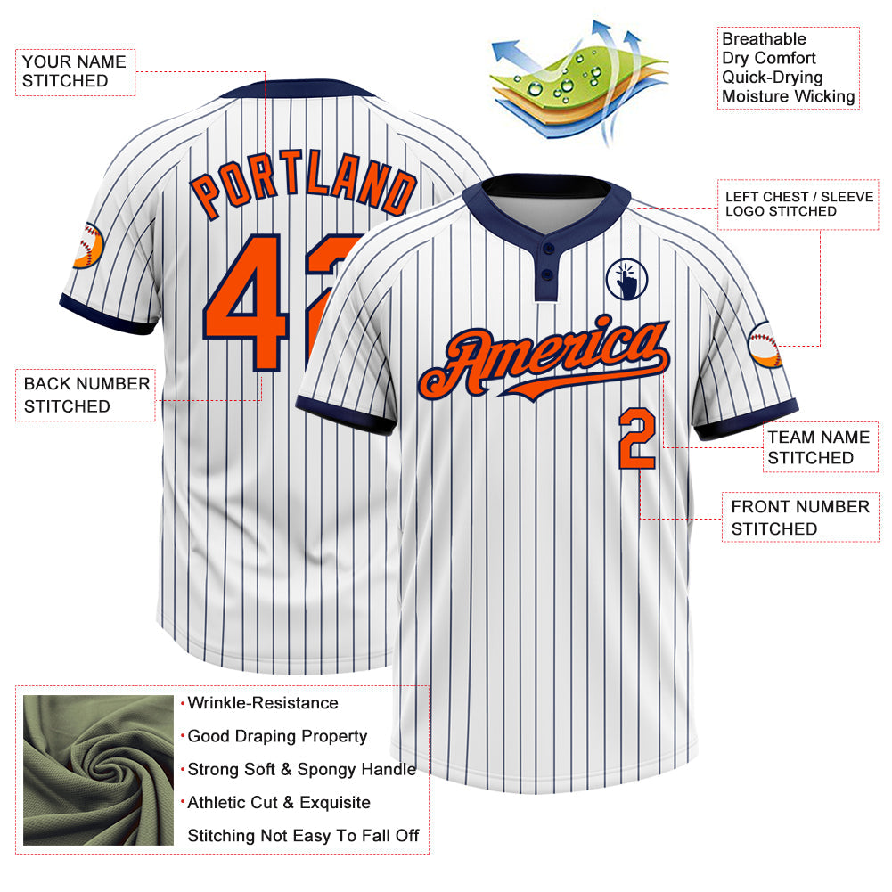 Custom White Navy Pinstripe Orange Two-Button Unisex Softball Jersey view 3