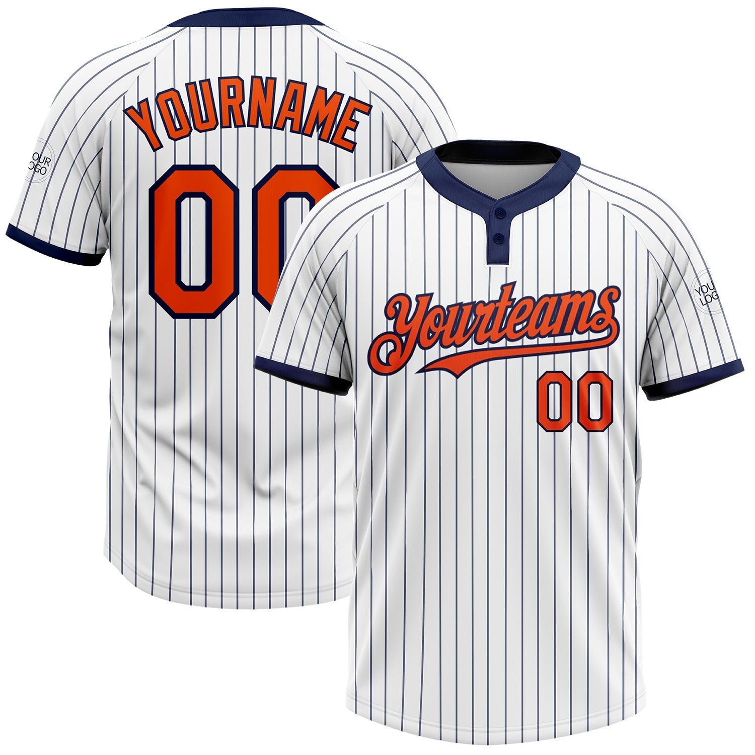 Custom White Navy Pinstripe Orange Two-Button Unisex Softball Jersey - Main View