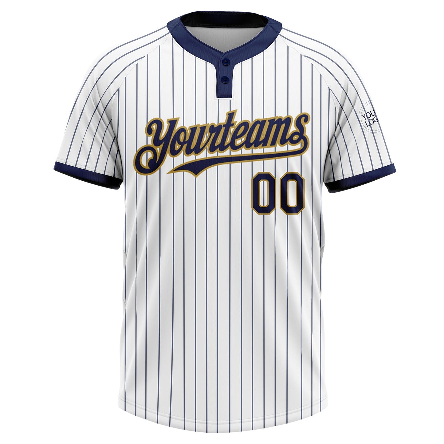 Custom White Navy Pinstripe Old Gold Two-Button Unisex Softball Jersey view 2