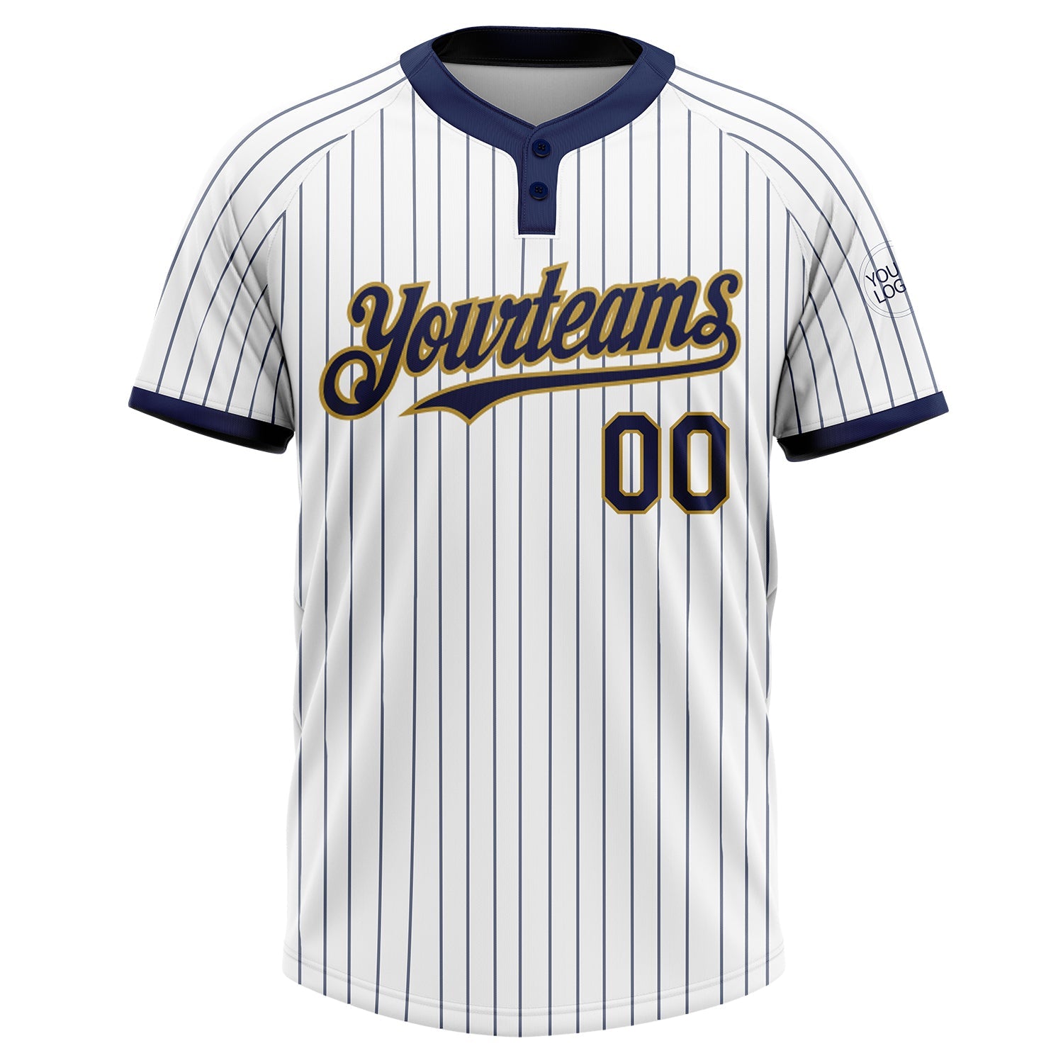 Custom White Navy Pinstripe Old Gold Two-Button Unisex Softball Jersey view 2