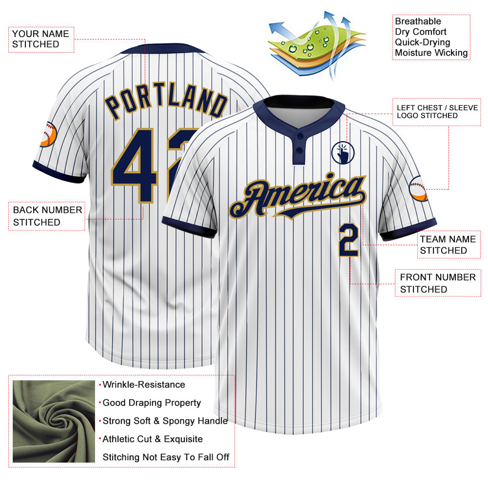 Custom White Navy Pinstripe Old Gold Two-Button Unisex Softball Jersey view 3
