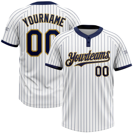 Custom White Navy Pinstripe Old Gold Two-Button Unisex Softball Jersey - Main View