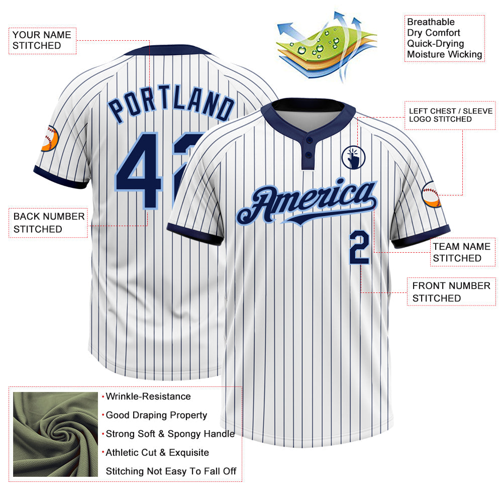 Custom White Navy Pinstripe Light Blue Two-Button Unisex Softball Jersey view 4