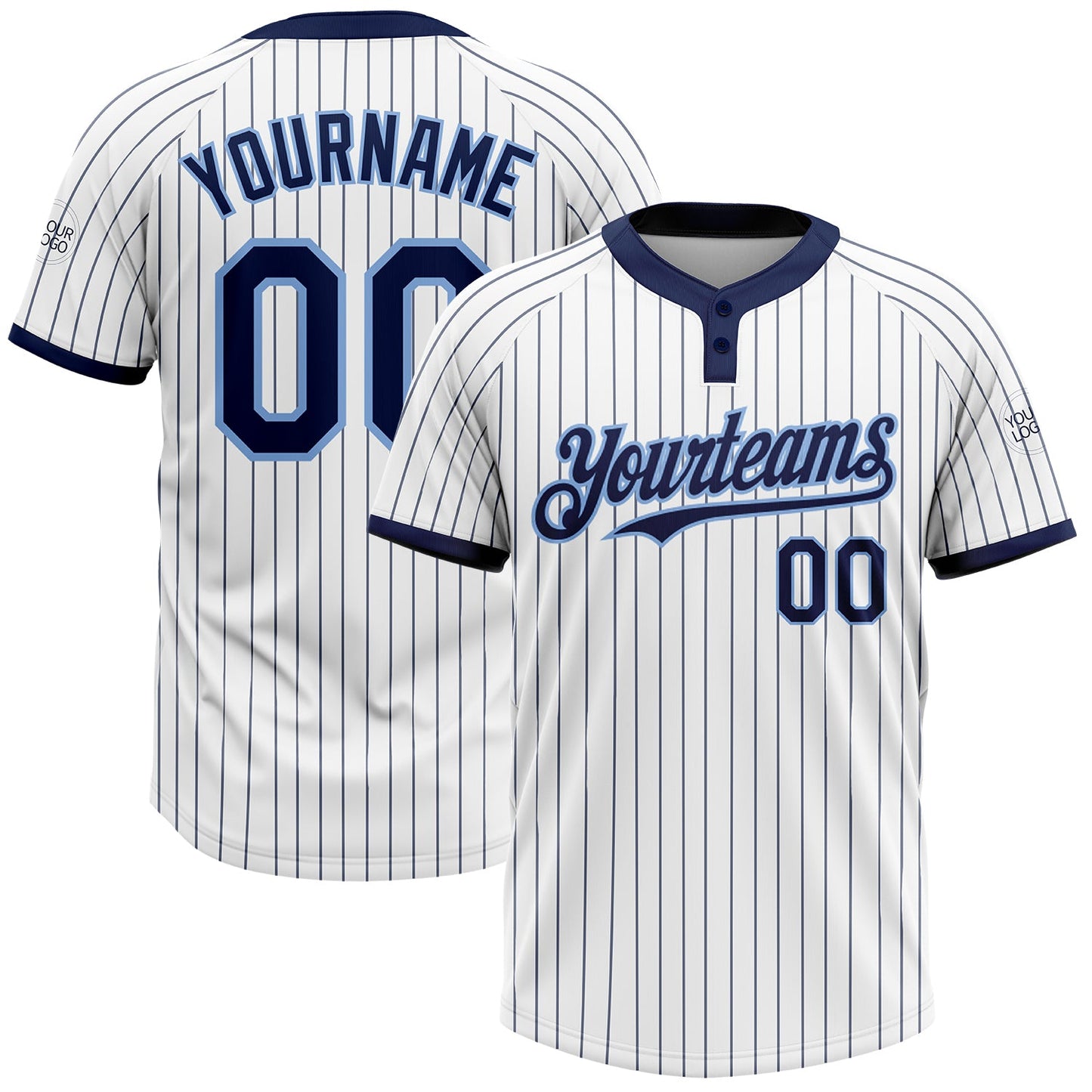 Custom White Navy Pinstripe Light Blue Two-Button Unisex Softball Jersey - Main View