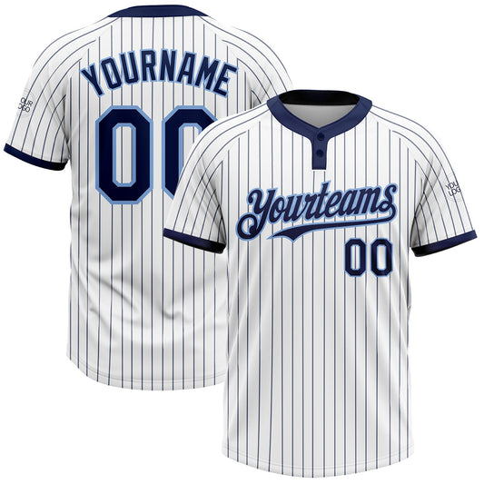 Custom White Navy Pinstripe Light Blue Two-Button Unisex Softball Jersey - Main View