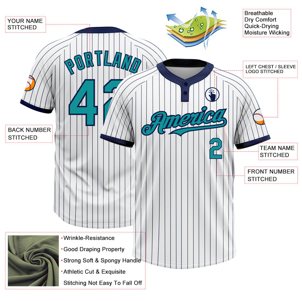 Custom White Navy Pinstripe Teal Two-Button Unisex Softball Jersey view 3