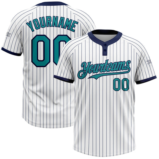 Custom White Navy Pinstripe Teal Two-Button Unisex Softball Jersey - Main View