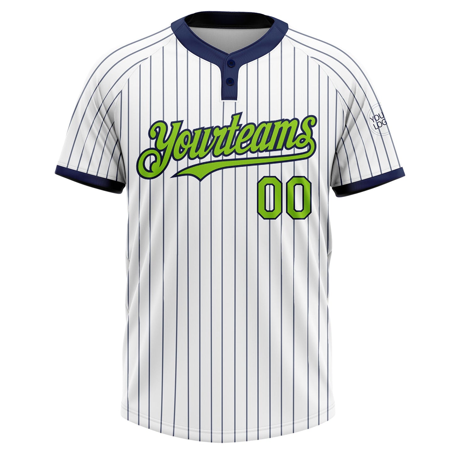 Custom White Navy Pinstripe Neon Green Two-Button Unisex Softball Jersey view 2