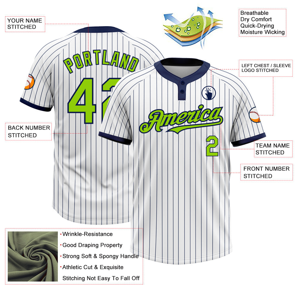 Custom White Navy Pinstripe Neon Green Two-Button Unisex Softball Jersey view 3