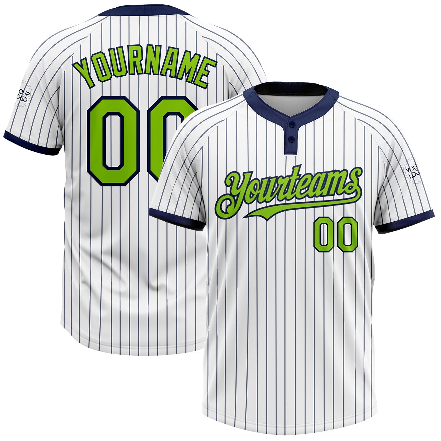 Custom White Navy Pinstripe Neon Green Two-Button Unisex Softball Jersey - Main View