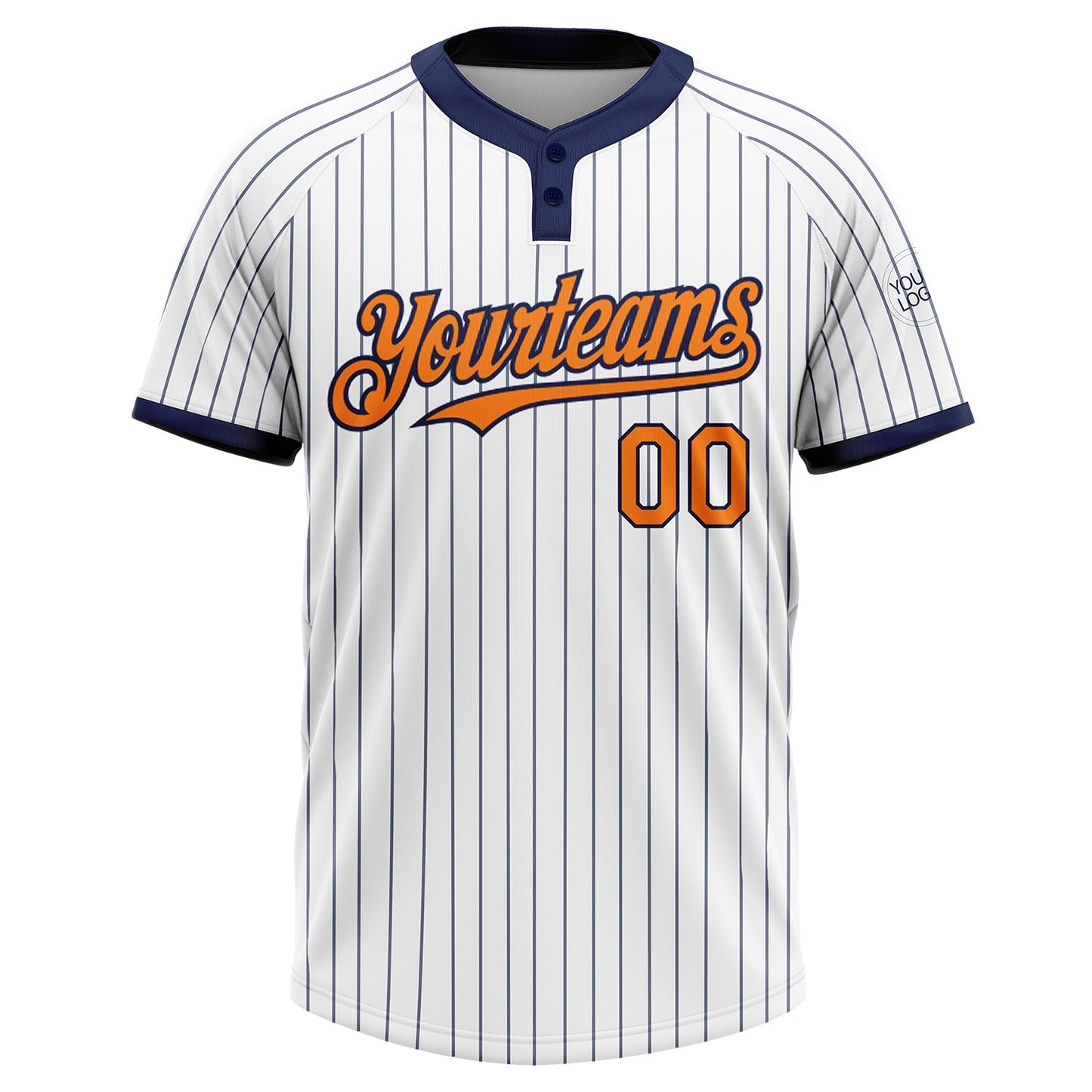 Custom White Navy Pinstripe Bay Orange Two-Button Unisex Softball Jersey view 2