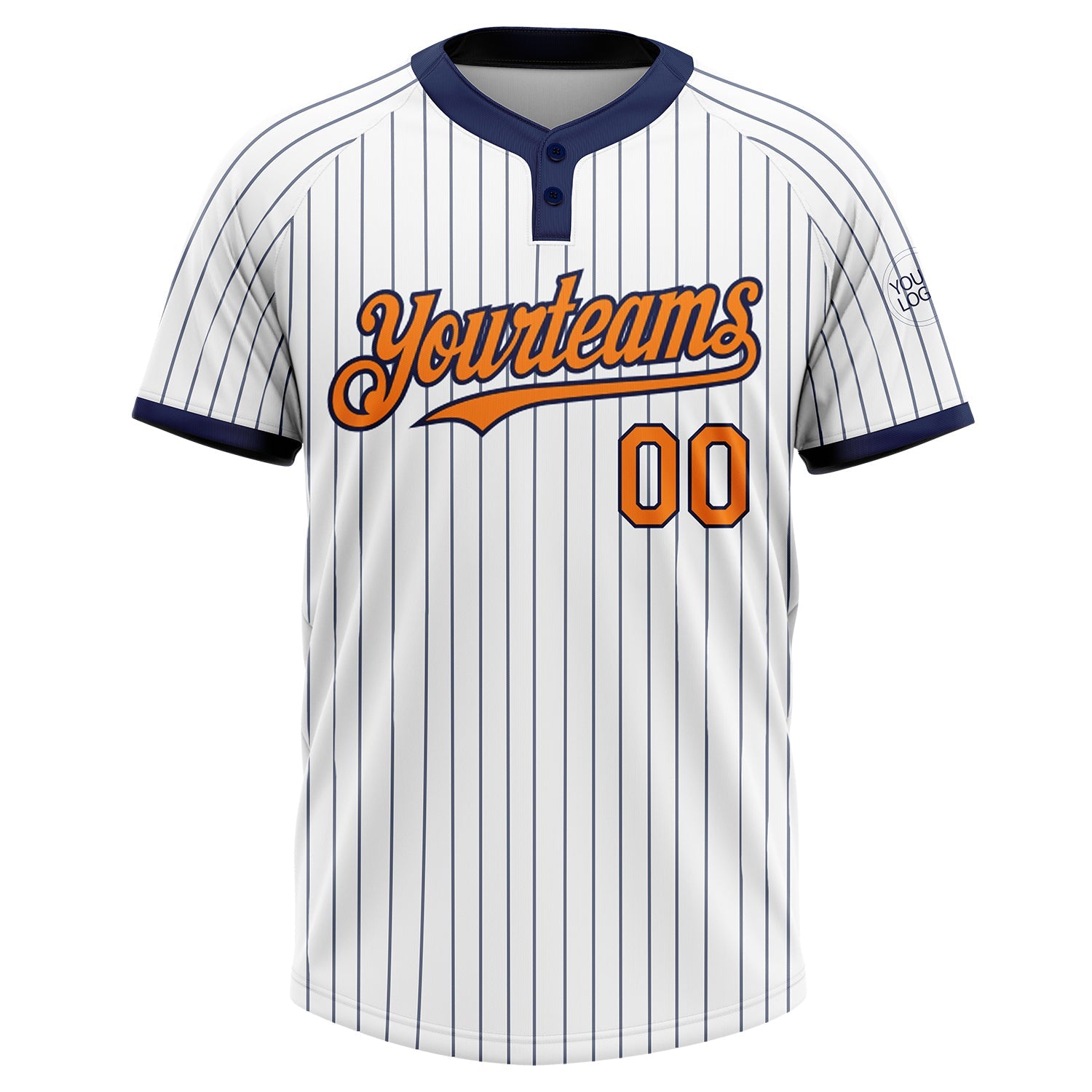 Custom White Navy Pinstripe Bay Orange Two-Button Unisex Softball Jersey view 2