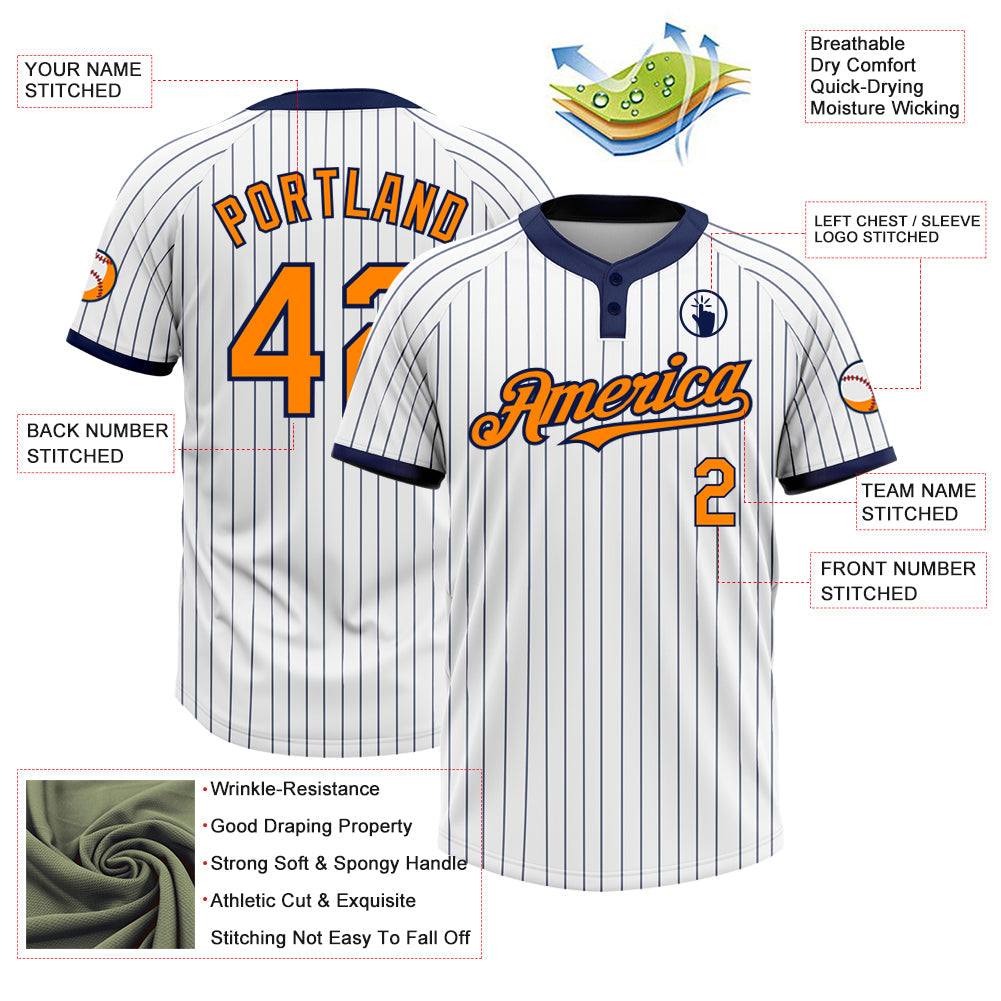 Custom White Navy Pinstripe Bay Orange Two-Button Unisex Softball Jersey view 3