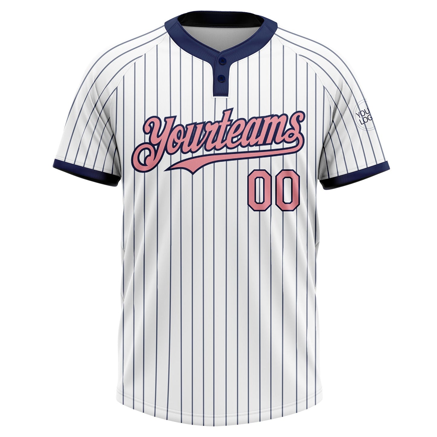 Custom White Navy Pinstripe Medium Pink Two-Button Unisex Softball Jersey view 2