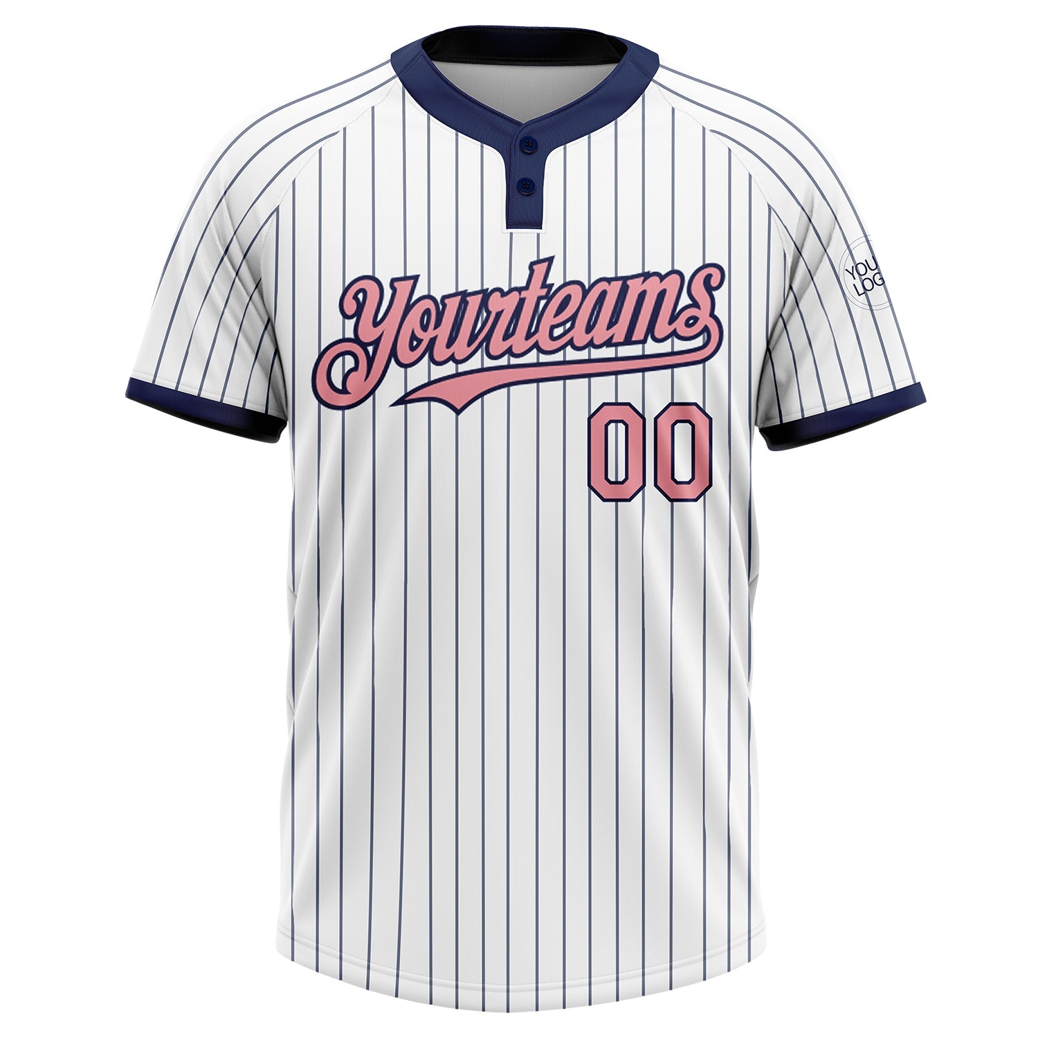 Custom White Navy Pinstripe Medium Pink Two-Button Unisex Softball Jersey view 2