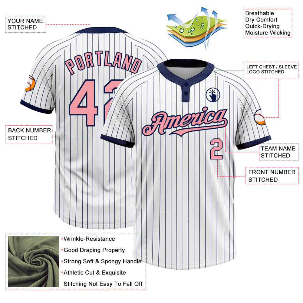 Custom White Navy Pinstripe Medium Pink Two-Button Unisex Softball Jersey view 3