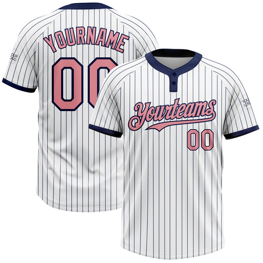 Custom White Navy Pinstripe Medium Pink Two-Button Unisex Softball Jersey - Main View