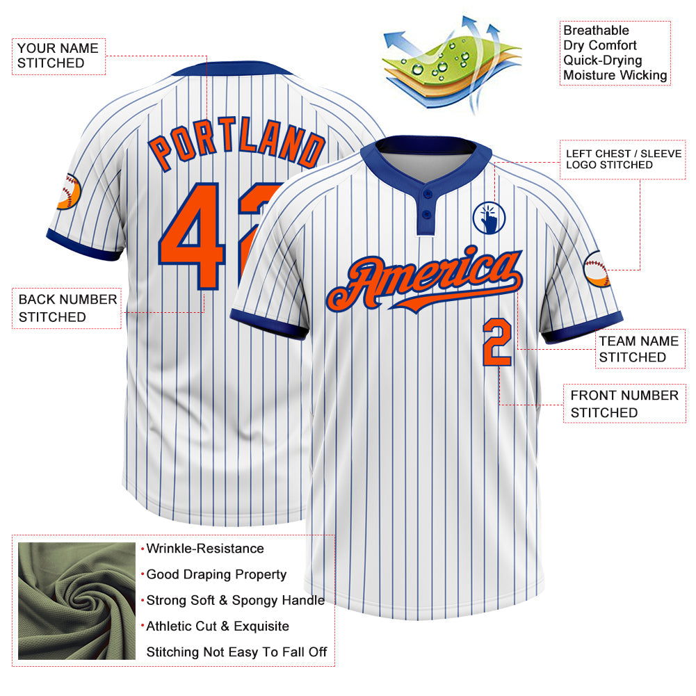 Custom White Royal Pinstripe Orange Two-Button Unisex Softball Jersey view 3