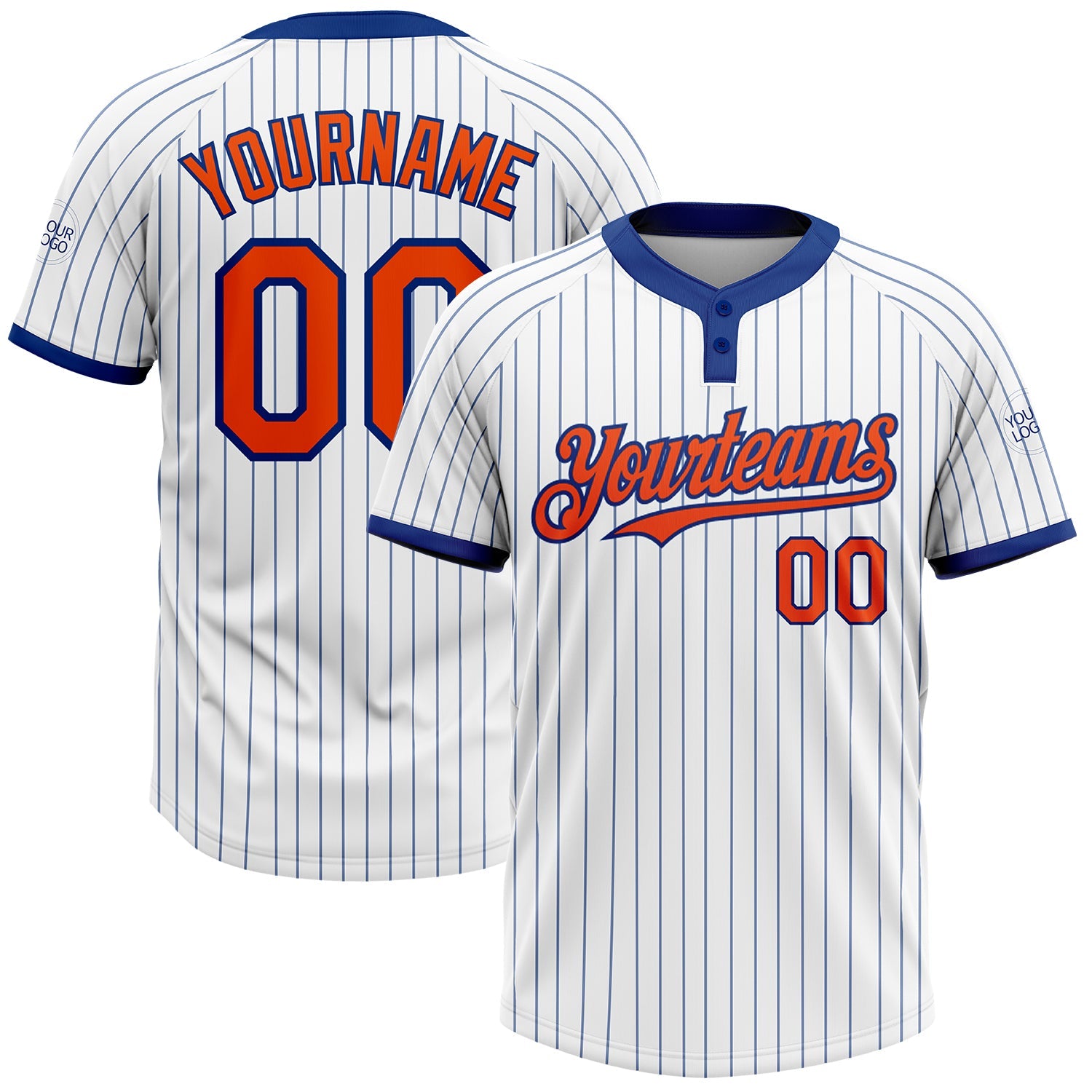 Custom White Royal Pinstripe Orange Two-Button Unisex Softball Jersey - Main View