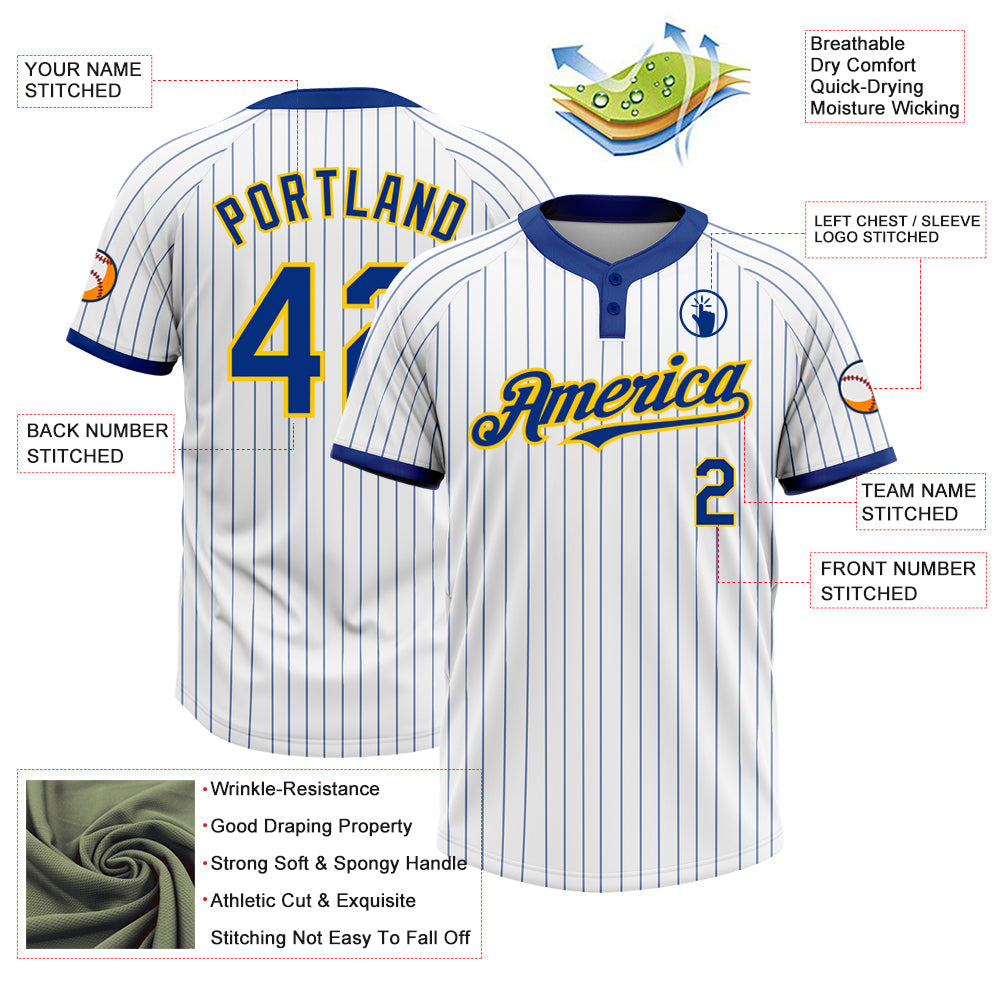 Custom White Royal Pinstripe Yellow Two-Button Unisex Softball Jersey view 3