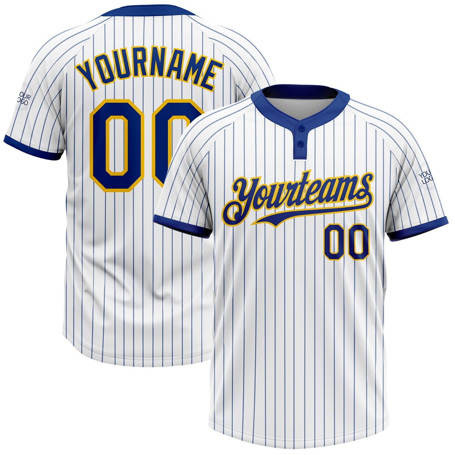 Custom White Royal Pinstripe Yellow Two-Button Unisex Softball Jersey - Main View