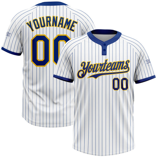 Custom White Royal Pinstripe Yellow Two-Button Unisex Softball Jersey - Main View