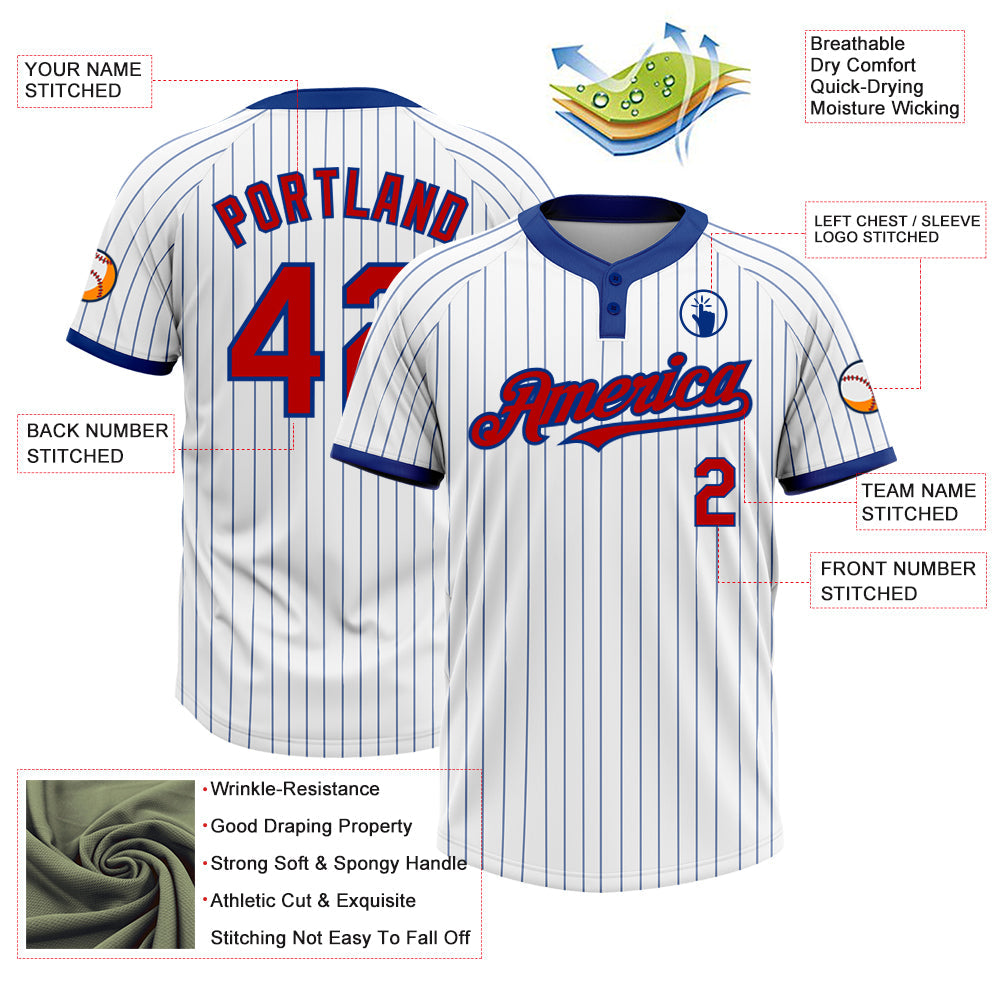 Custom White Royal Pinstripe Red Two-Button Unisex Softball Jersey view 3