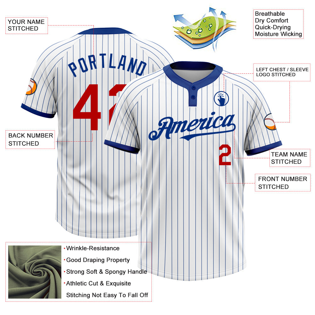 Custom White Royal Pinstripe Red Two-Button Unisex Softball Jersey view 3