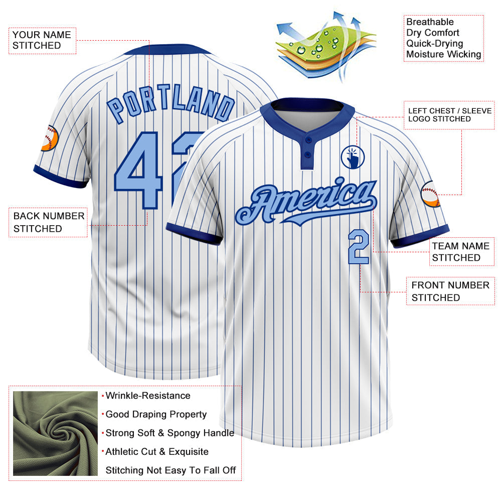 Custom White Royal Pinstripe Light Blue Two-Button Unisex Softball Jersey view 3
