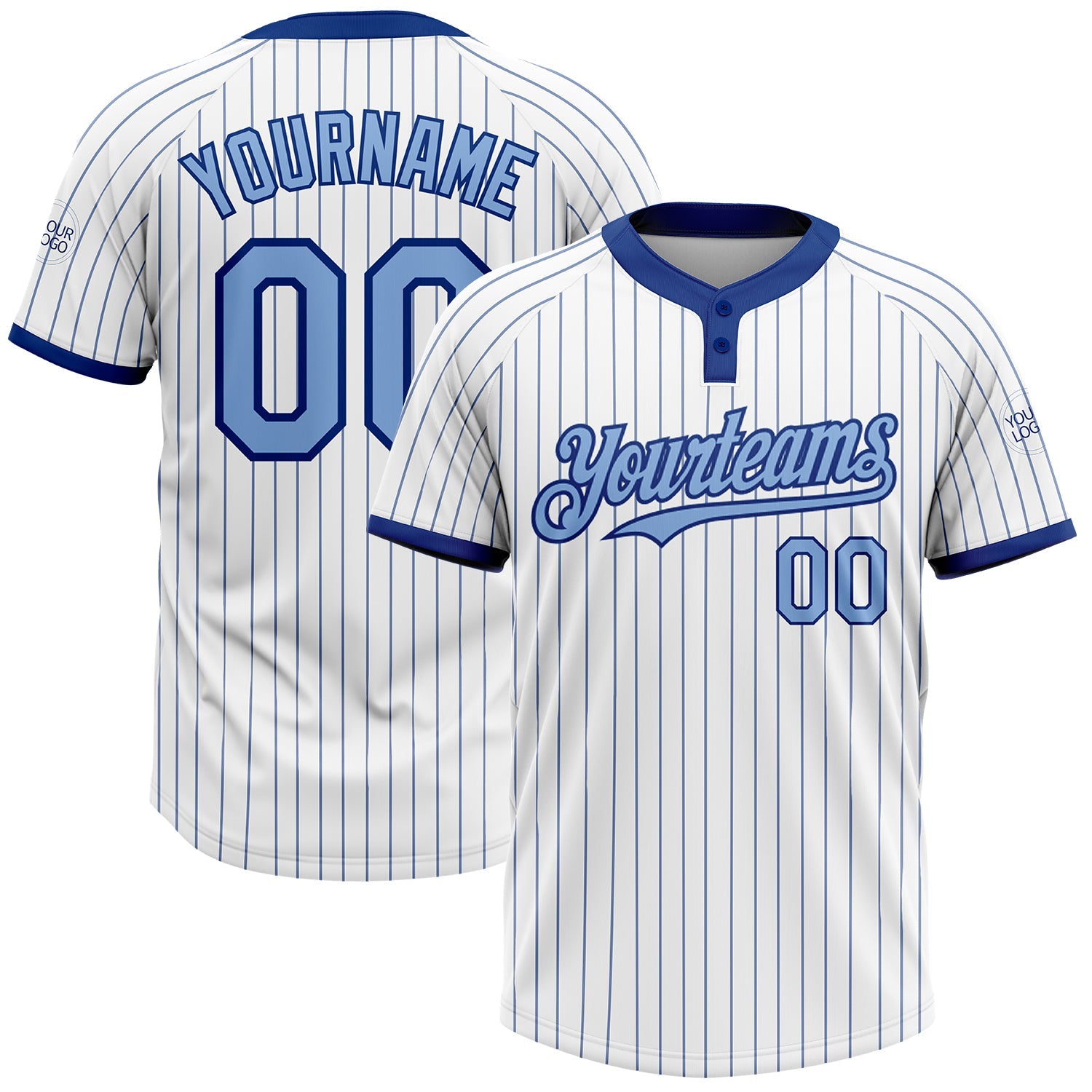 Custom White Royal Pinstripe Light Blue Two-Button Unisex Softball Jersey - Main View