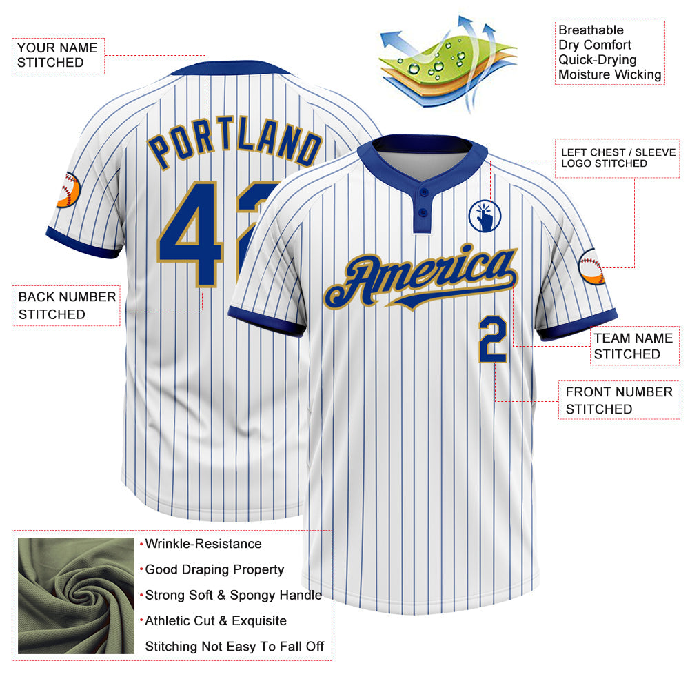 Custom White Royal Pinstripe Old Gold Two-Button Unisex Softball Jersey view 3