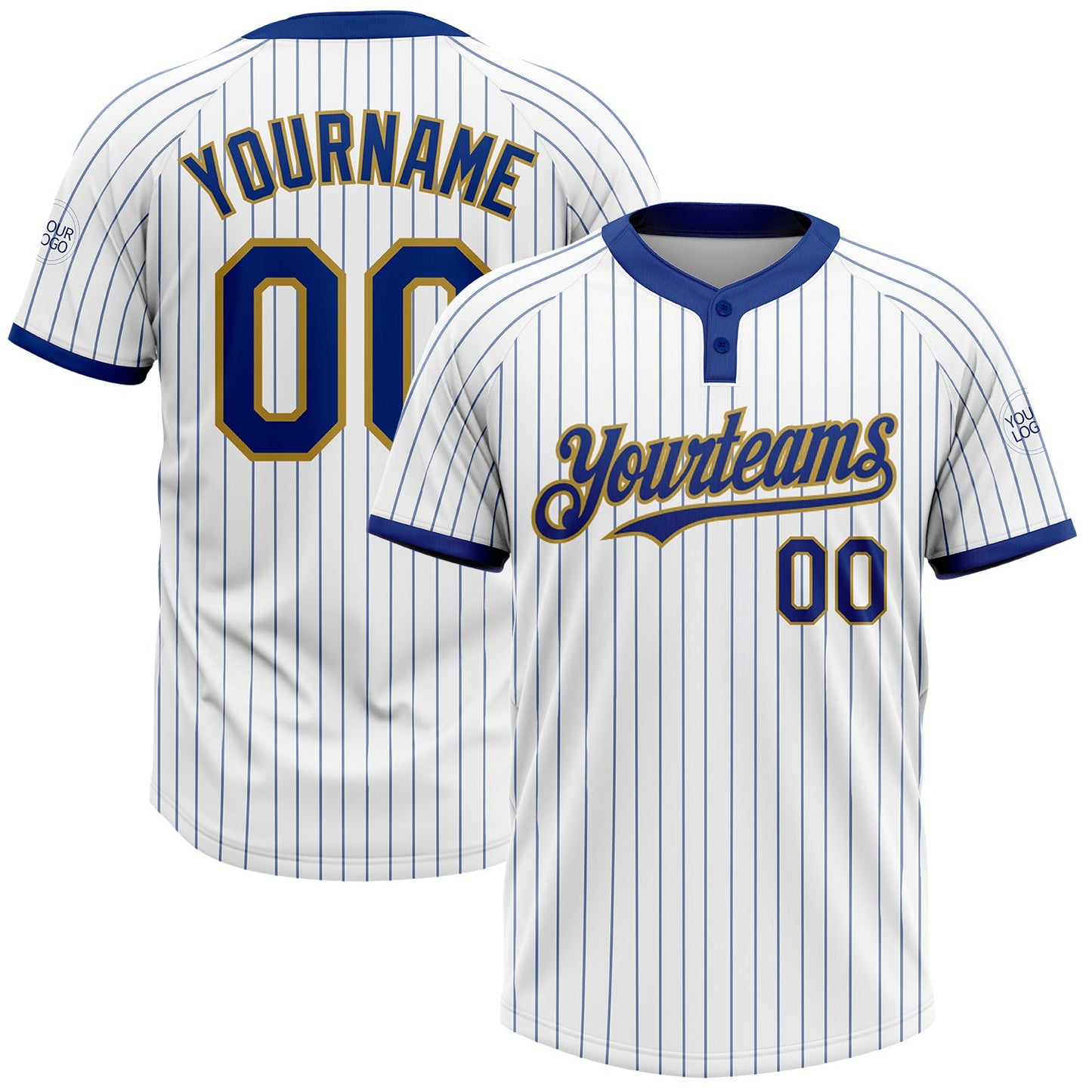 Custom White Royal Pinstripe Old Gold Two-Button Unisex Softball Jersey - Main View