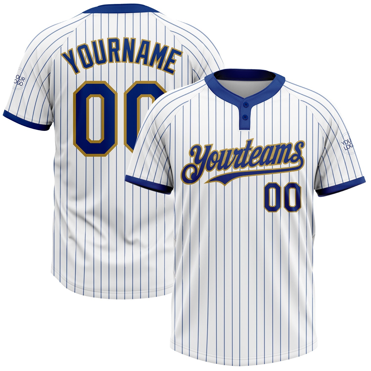 Custom White Royal Pinstripe Old Gold Two-Button Unisex Softball Jersey - Main View