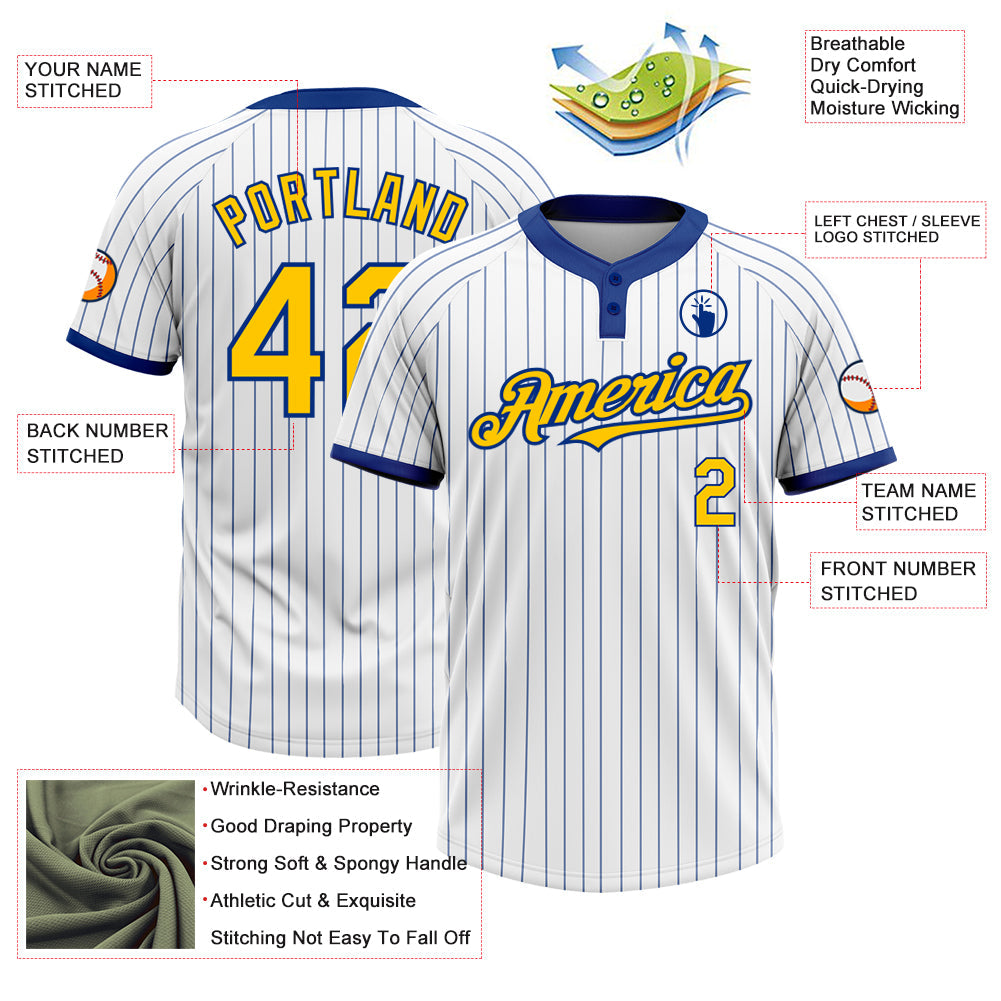 Custom White Royal Pinstripe Yellow Two-Button Unisex Softball Jersey view 3