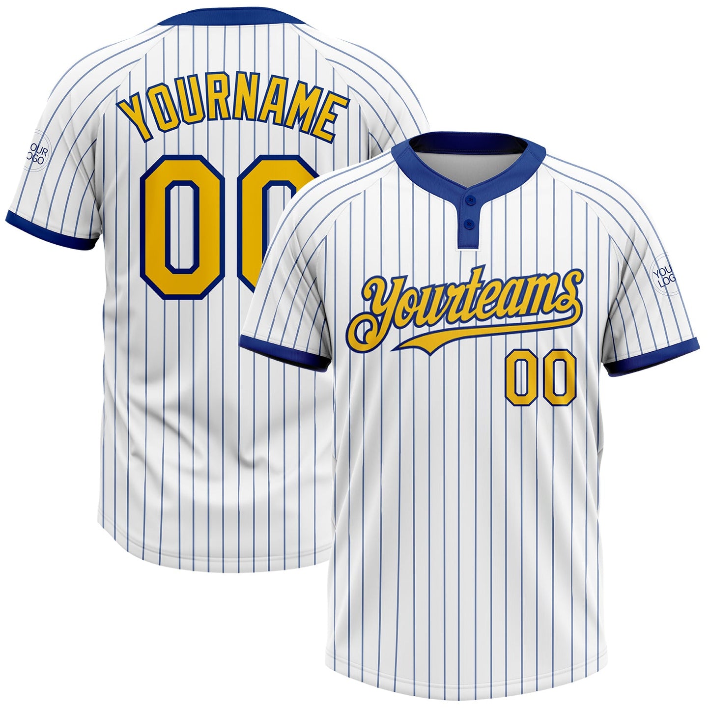 Custom White Royal Pinstripe Yellow Two-Button Unisex Softball Jersey - Main View
