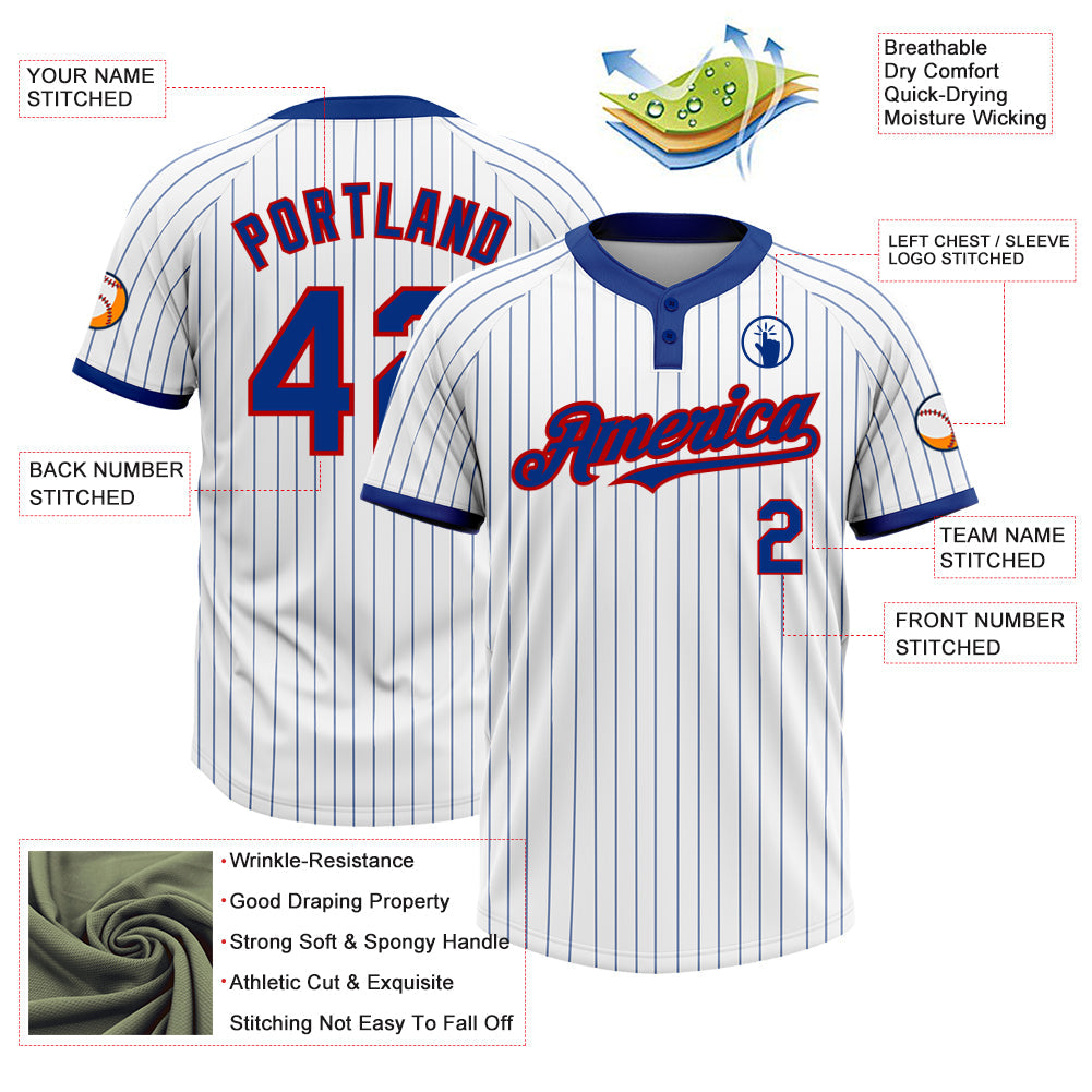 Custom White Royal Pinstripe Red Two-Button Unisex Softball Jersey view 3