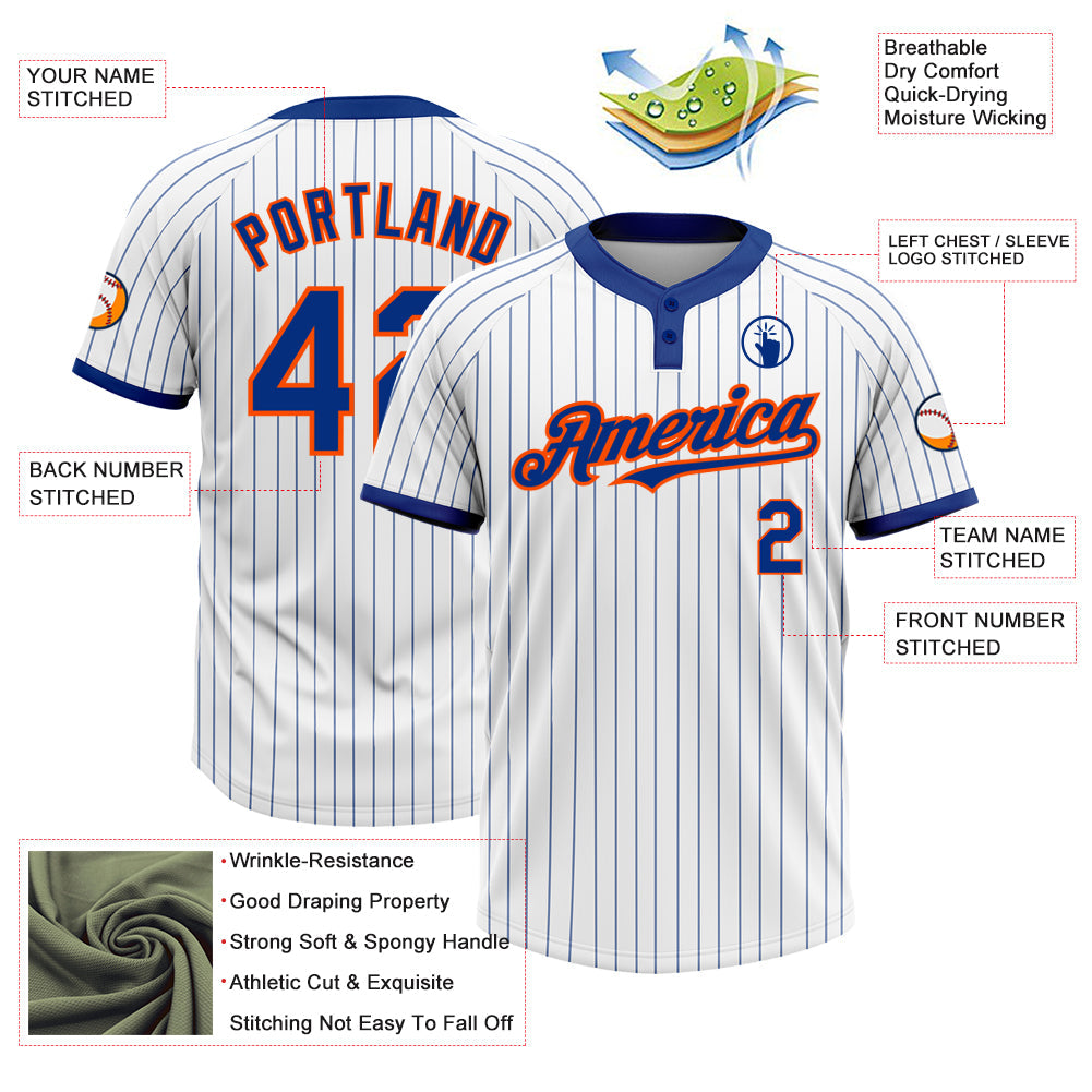 Custom White Royal Pinstripe Orange Two-Button Unisex Softball Jersey view 3