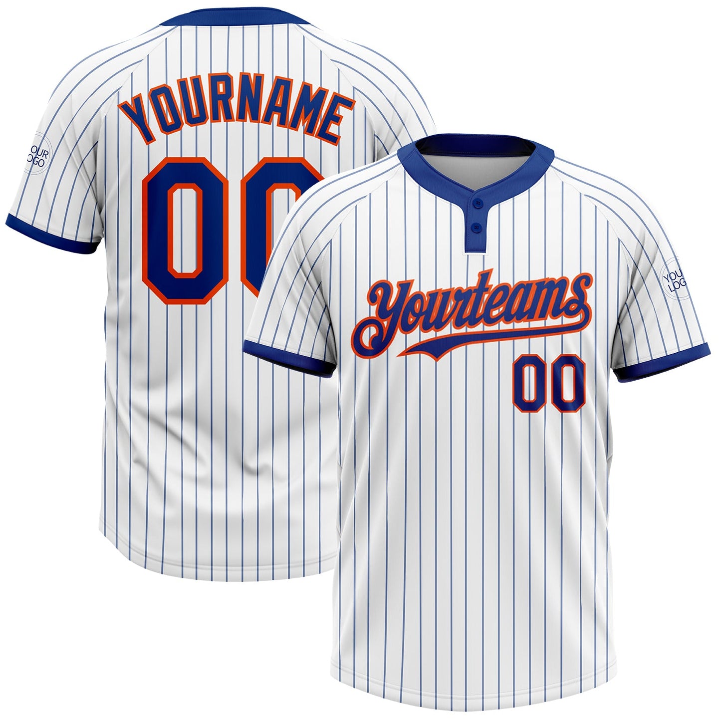 Custom White Royal Pinstripe Orange Two-Button Unisex Softball Jersey - Main View