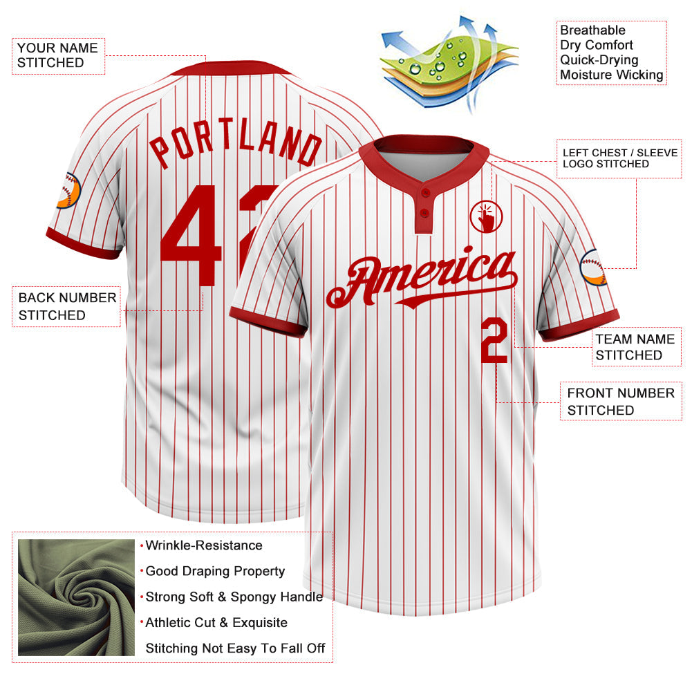Custom White Red Pinstripe Red Two-Button Unisex Softball Jersey view 3