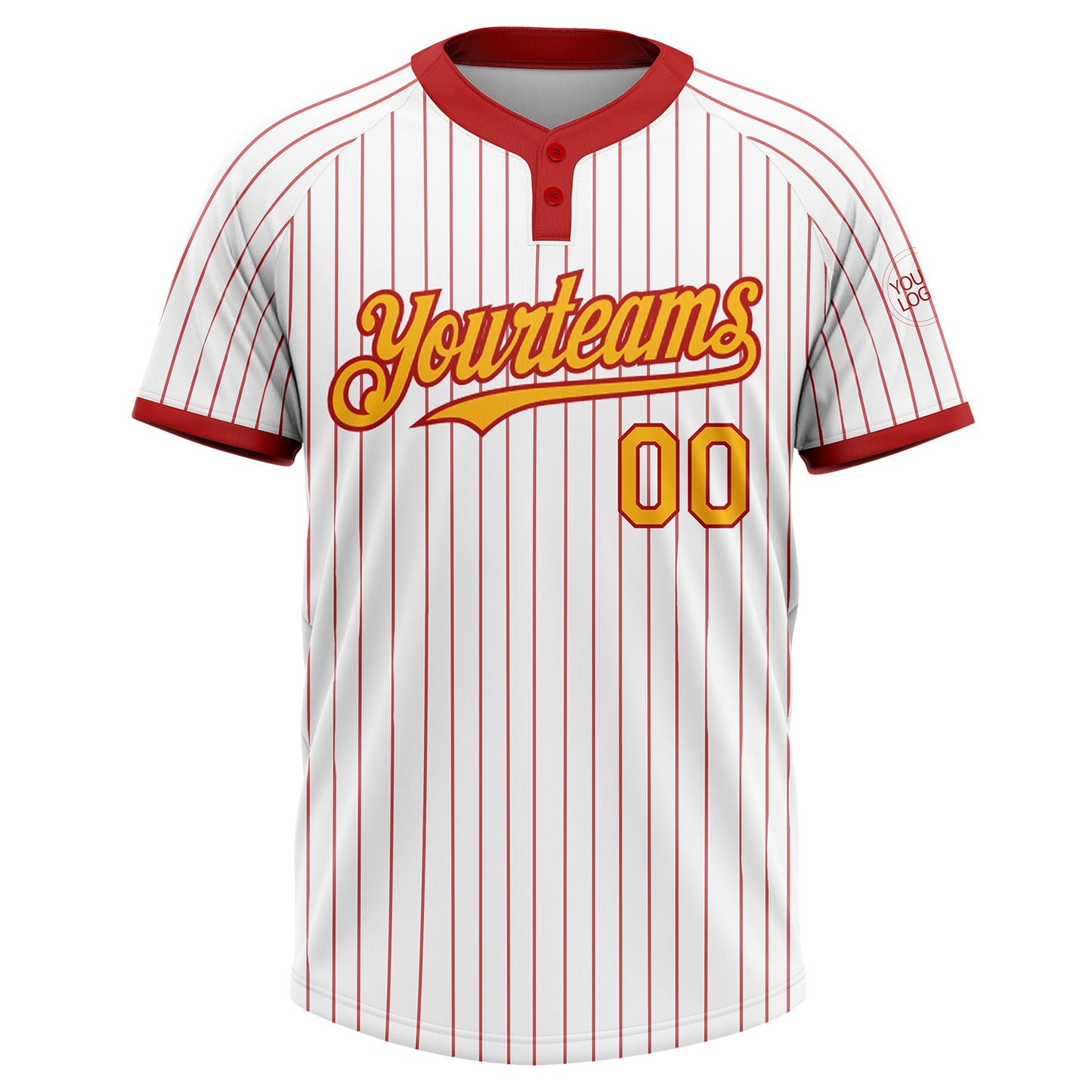 Custom White Red Pinstripe Gold Two-Button Unisex Softball Jersey view 2