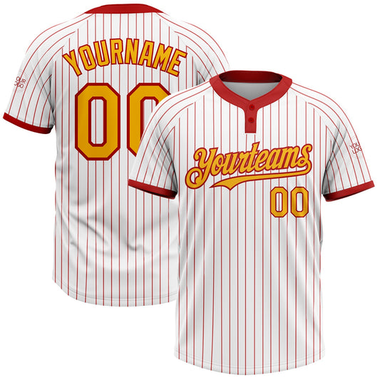Custom White Red Pinstripe Gold Two-Button Unisex Softball Jersey - Main View