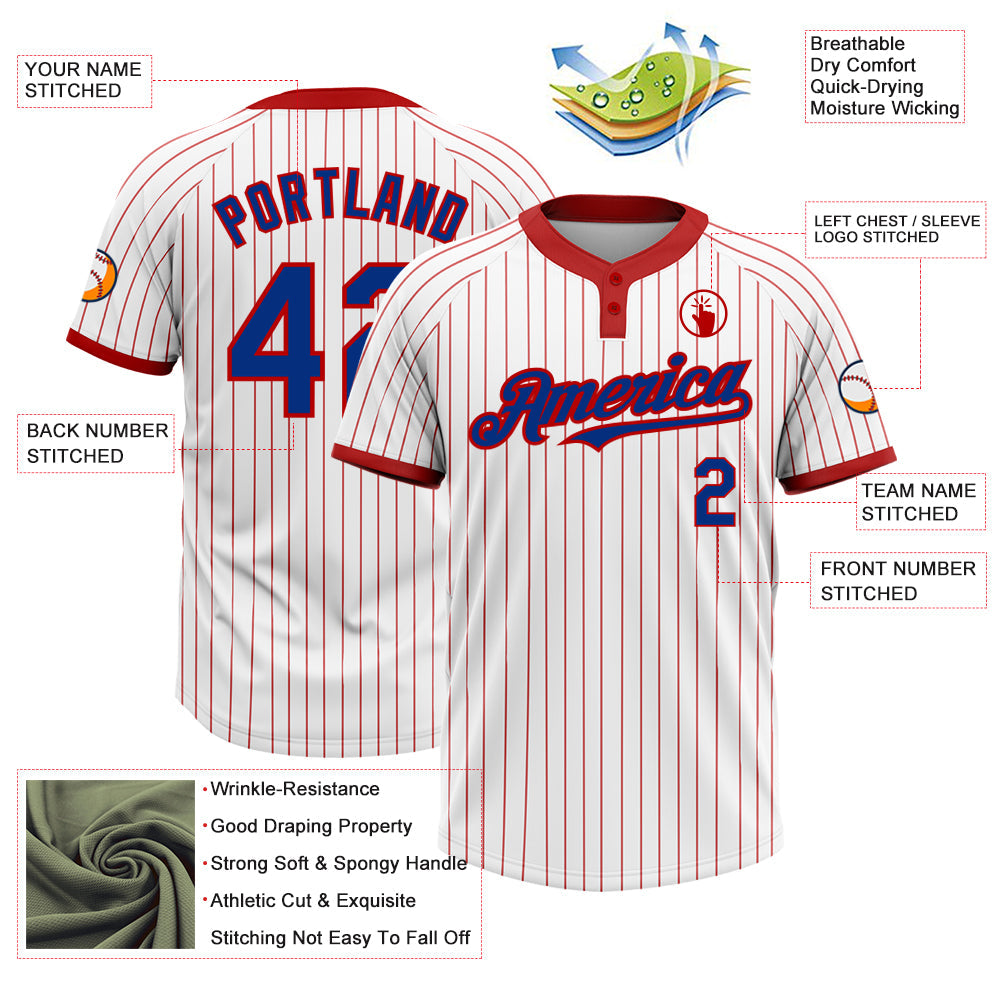 Custom White Red Pinstripe Royal Two-Button Unisex Softball Jersey view 3