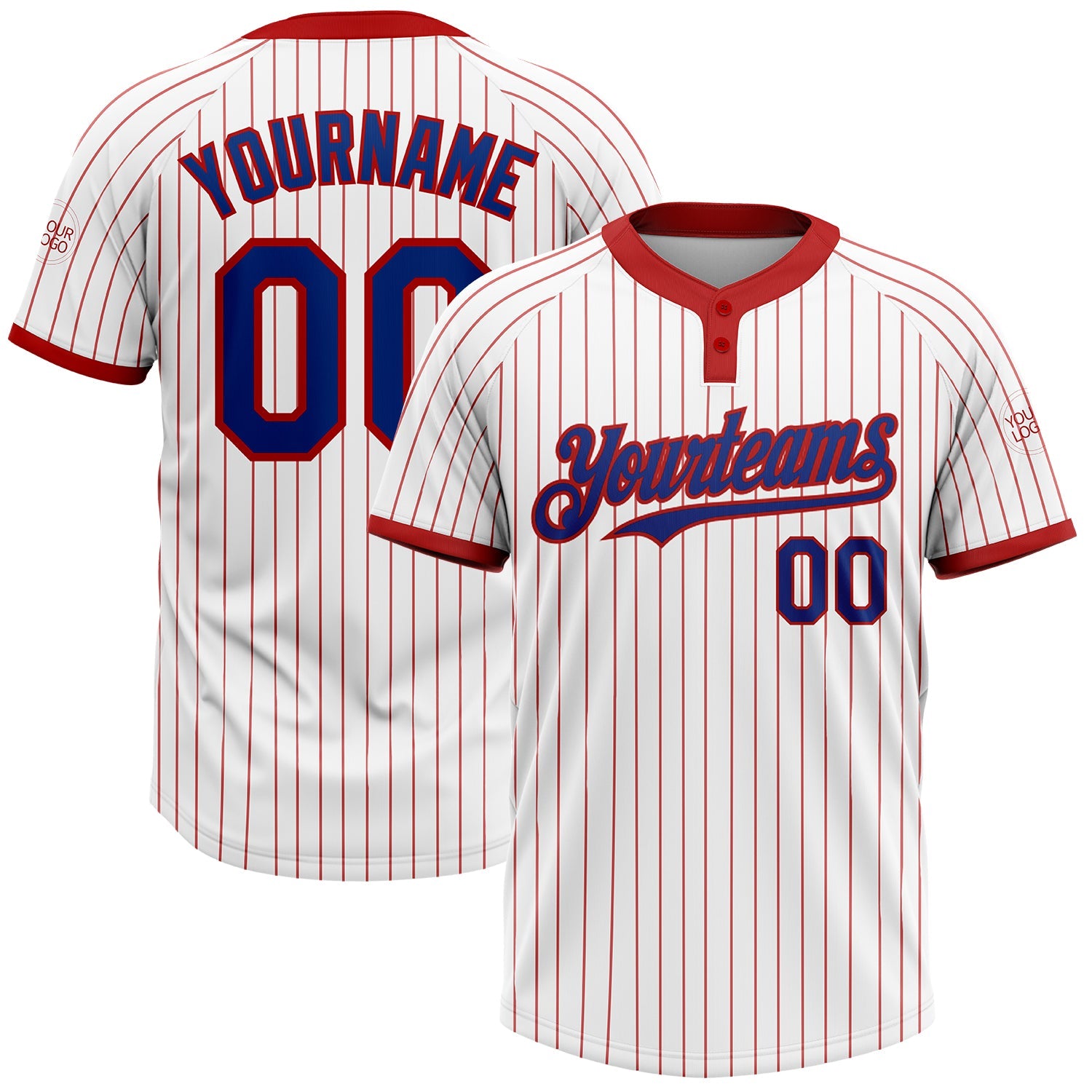 Custom White Red Pinstripe Royal Two-Button Unisex Softball Jersey - Main View