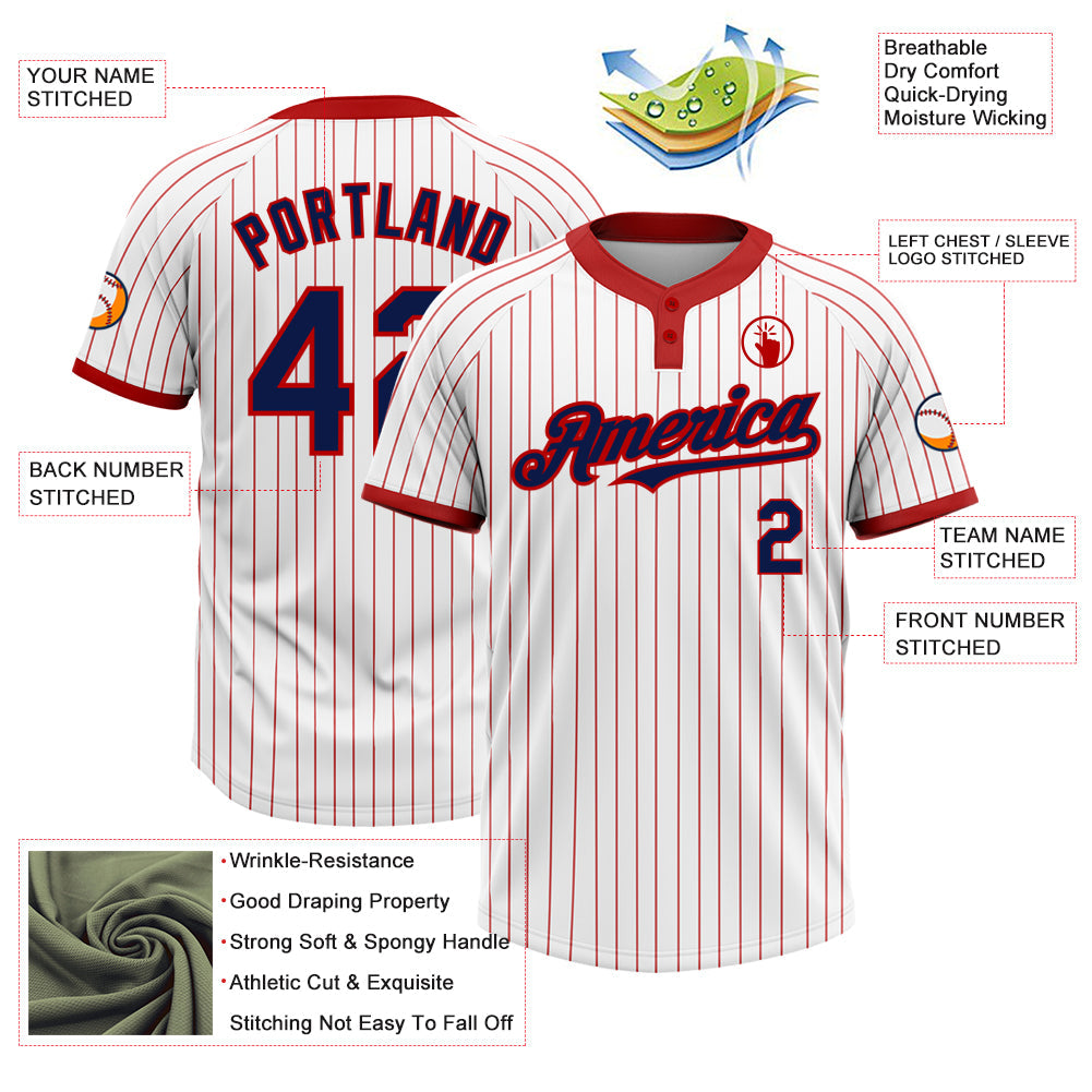Custom White Red Pinstripe Navy Two-Button Unisex Softball Jersey view 3