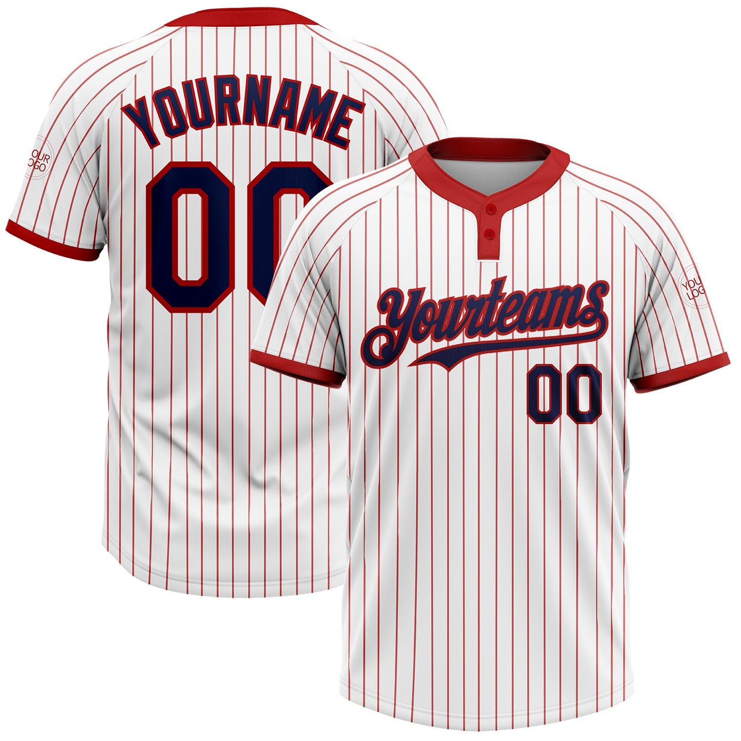 Custom White Red Pinstripe Navy Two-Button Unisex Softball Jersey - Main View